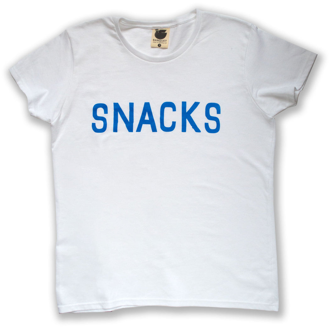 basic t-shirt with Snacks in bold blue type, perfect for summer picnics