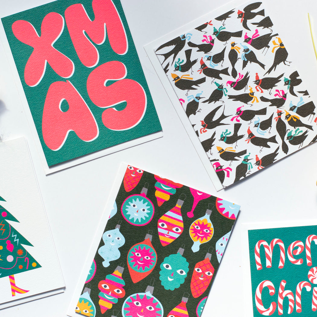 selection of holiday cards including Xmas