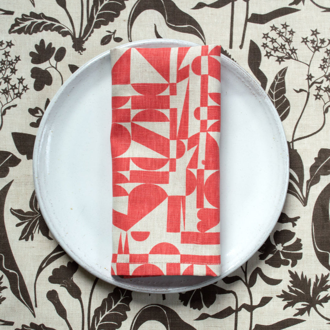 All-Linen Tea Towel Screen Printed with Tomato-Soup Red Geometrics