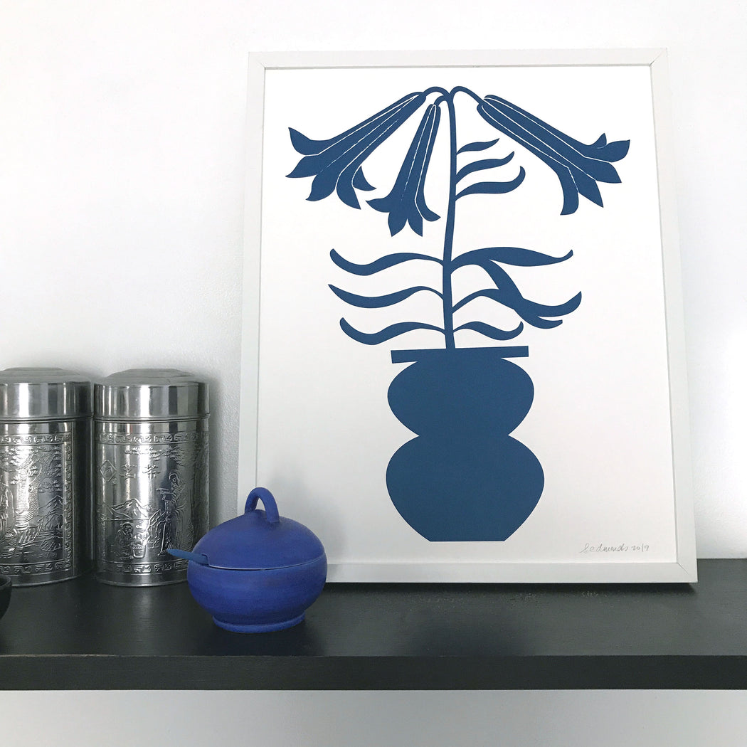 screenprint, lily, vase, blue