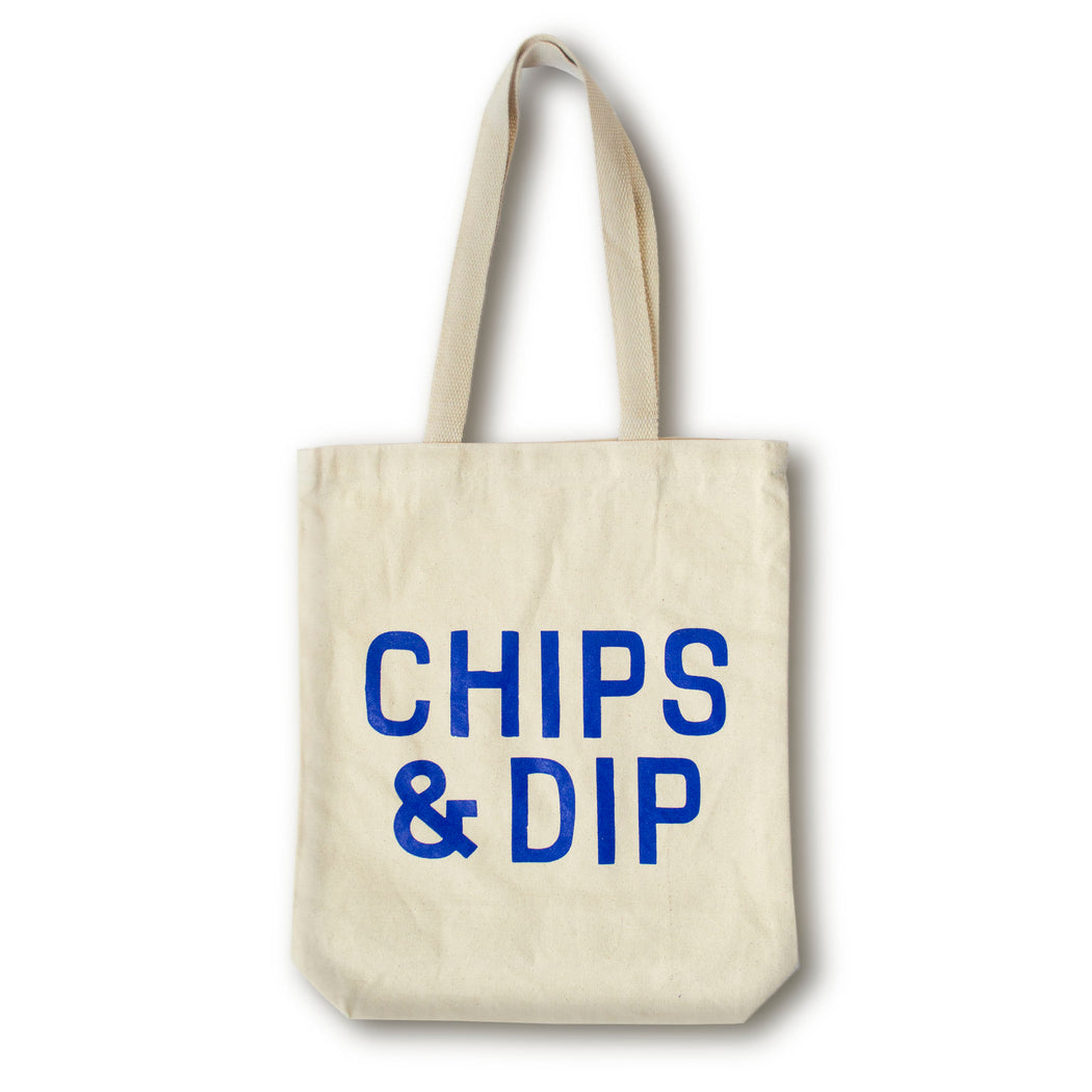 natural canvas tote bag with Chips and Dip text in blue