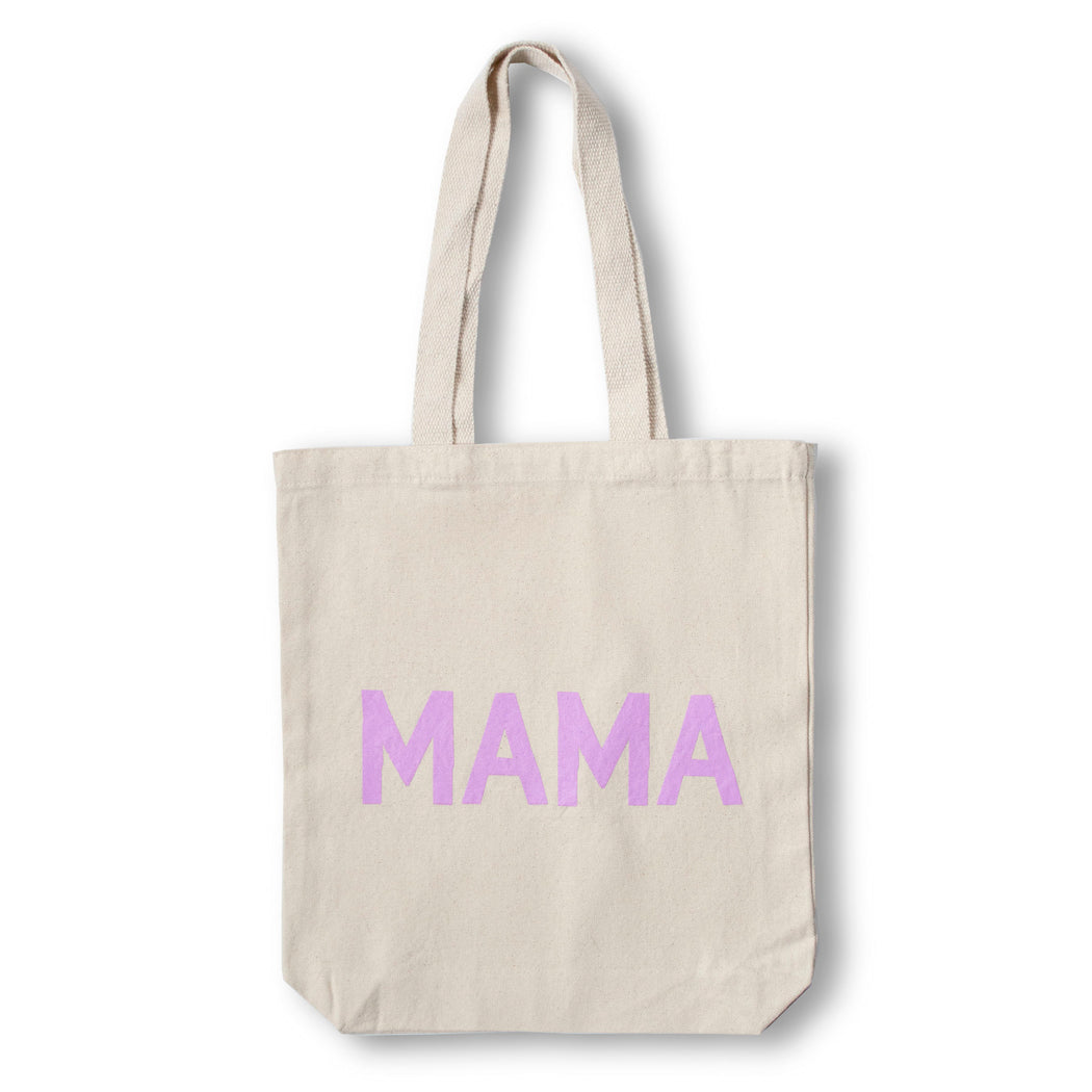 Lavender Pink Mama in block type on a natural canvas tote bag